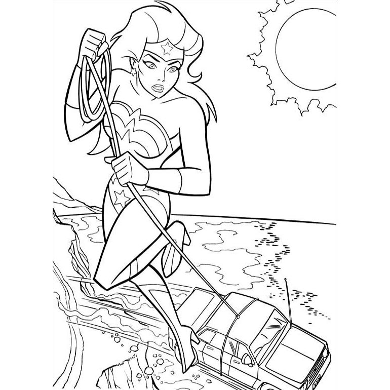 Free Animated Wonder Woman Saving a Car Coloring Pages printable