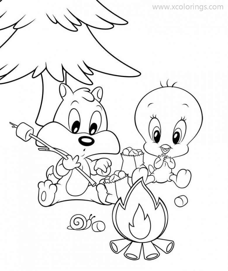 Free Baby Looney Tunes Coloring Pages Baby Sylvester and Baby Tweety with Campfire printable