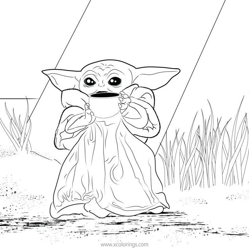 Free Baby Yoda Coloring Pages Drinking Coffee printable