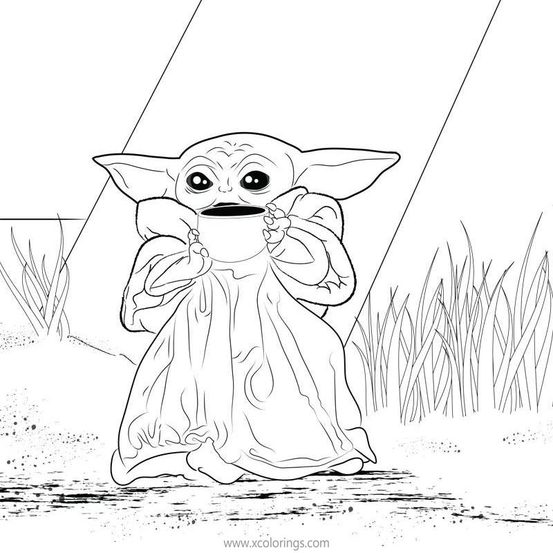 Baby Yoda Coloring Pages Drinking Coffee - XColorings.com