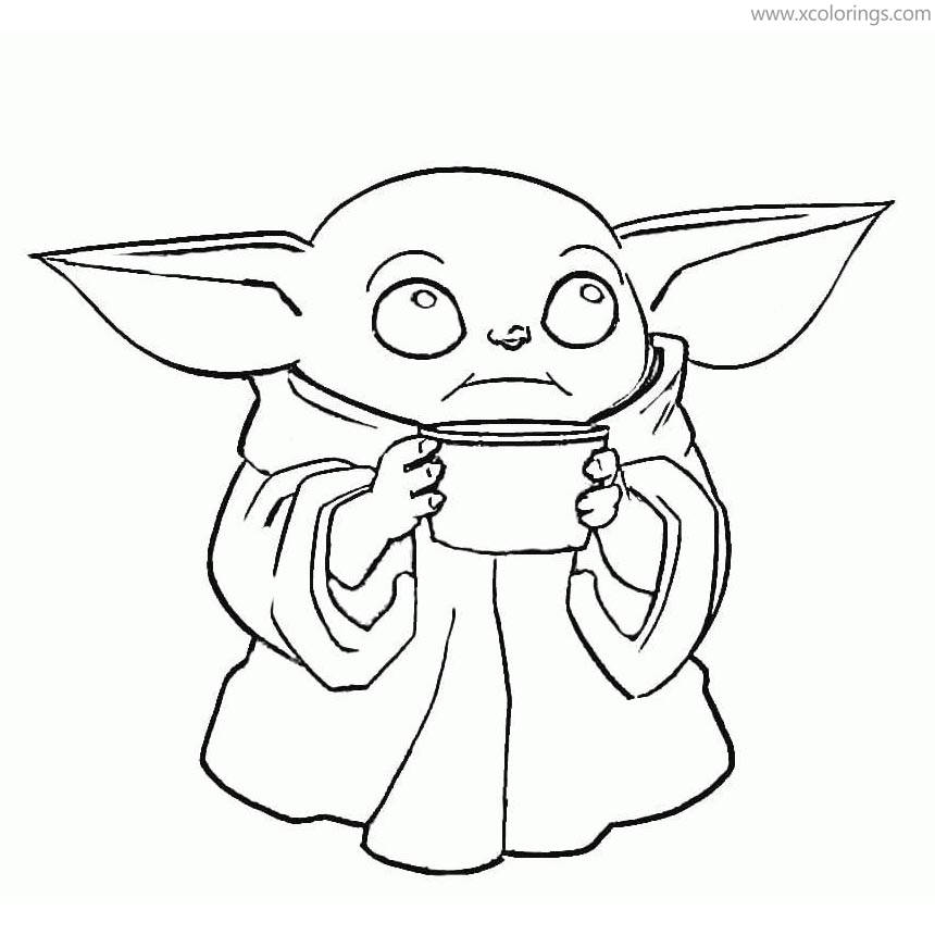 Baby Yoda Coloring Pages Yoda is Drinking - XColorings.com