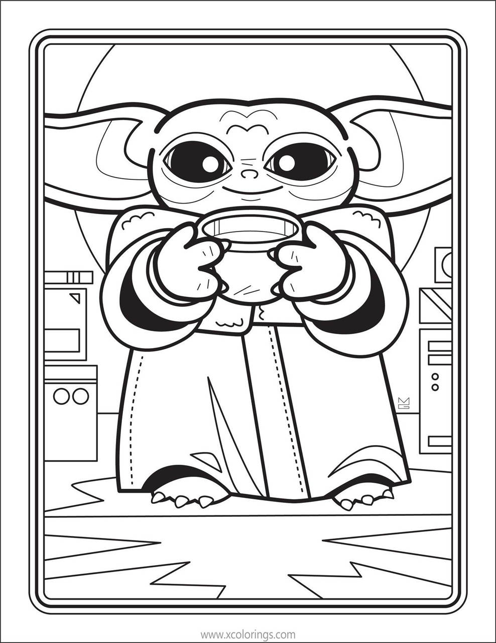 Free Baby Yoda Coloring Pages with A Cup of Drink printable