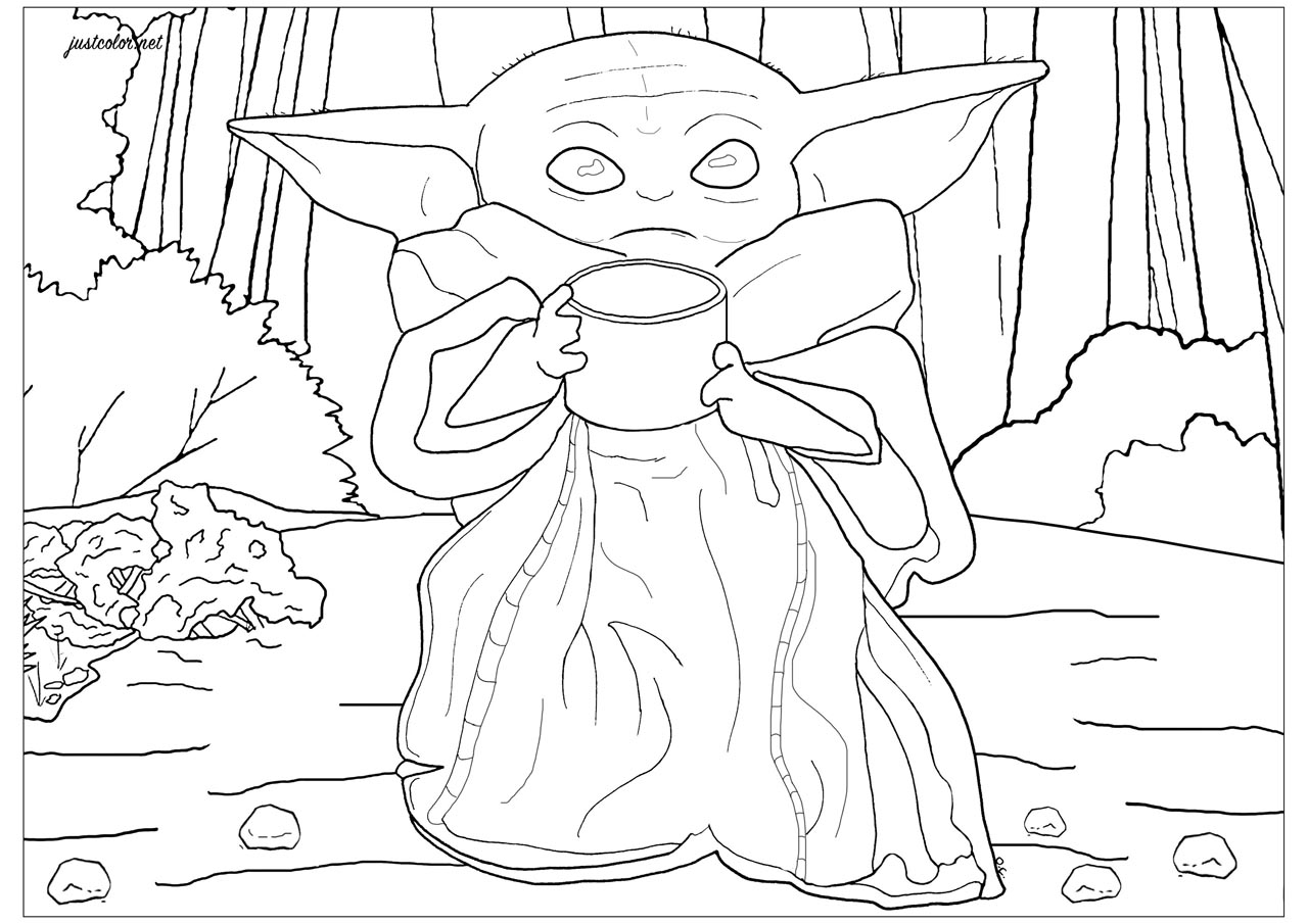 Free Baby Yoda with A Cup Coloring Pages printable