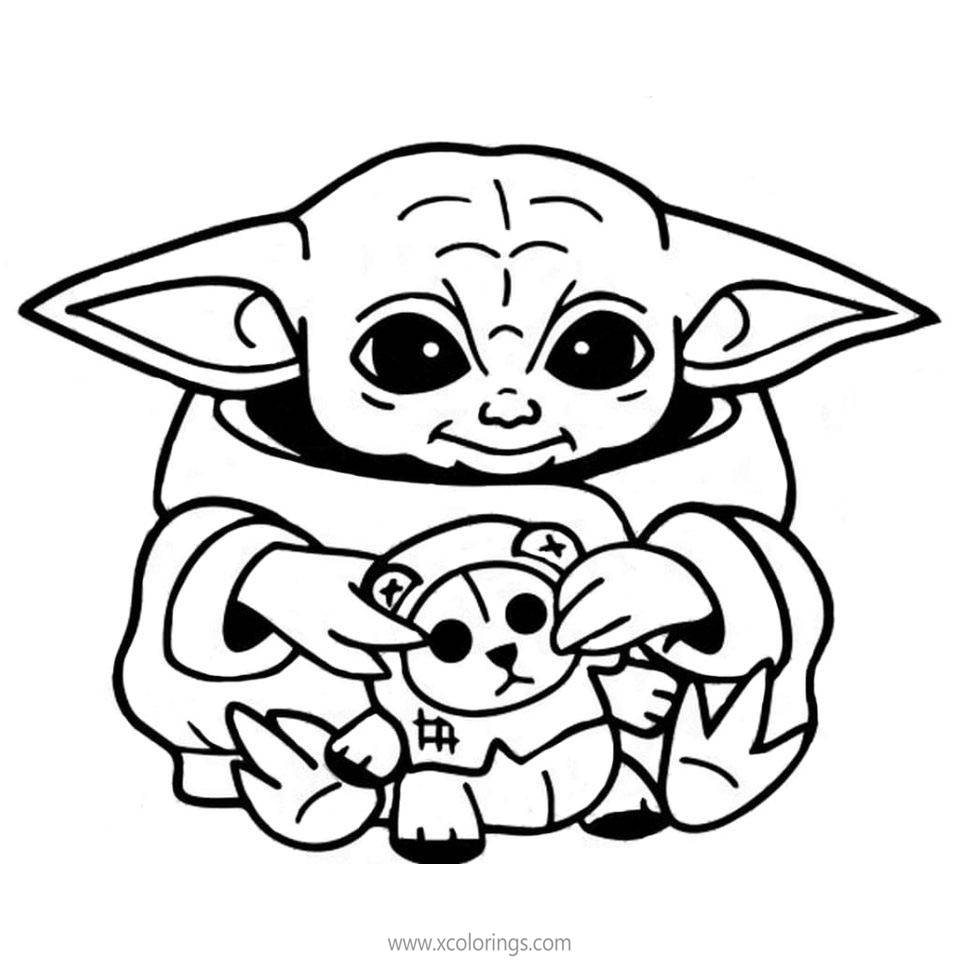 Free Baby Yoda with Toy Coloring Pages printable