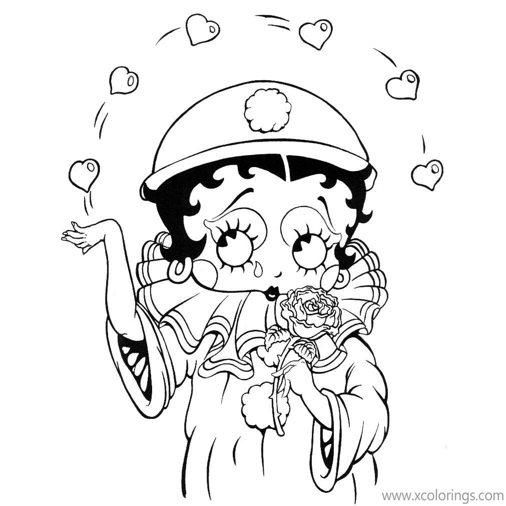 Free Betty Boop Coloring Pages Rose and Hearts printable