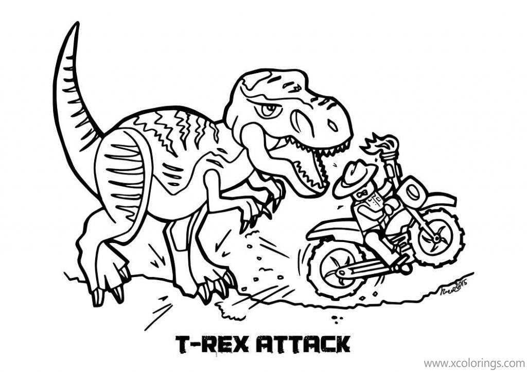 Free LEGO Jurassic World Coloring Pages T Rex Attacked A Motorcycle printable