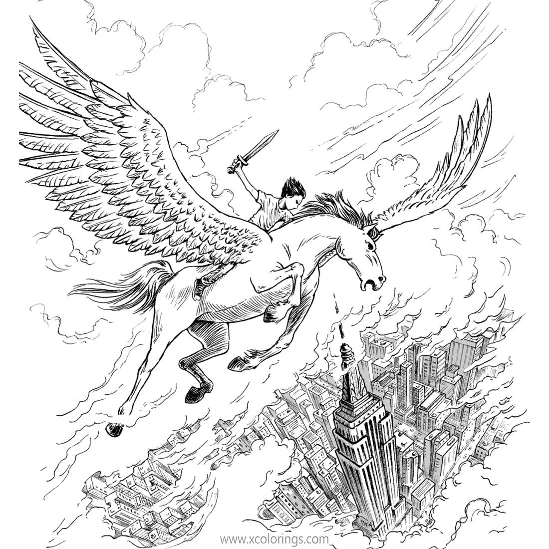 Free Percy Jackson Coloring Pages Flying by Pegasus printable