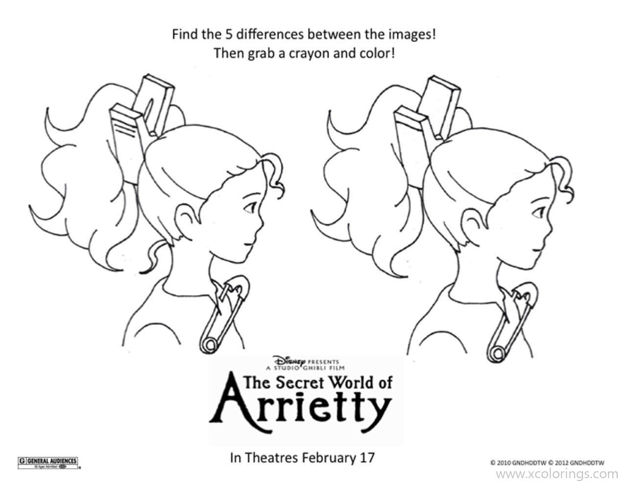Free The Secret World of Arrietty Coloring Pages Find the Differences Activity Sheets printable
