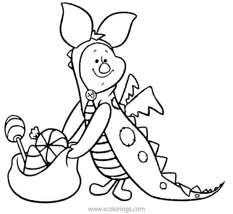 Free Winnie the Pooh Halloween Coloring Pages Piglet the Dragon with Candy printable