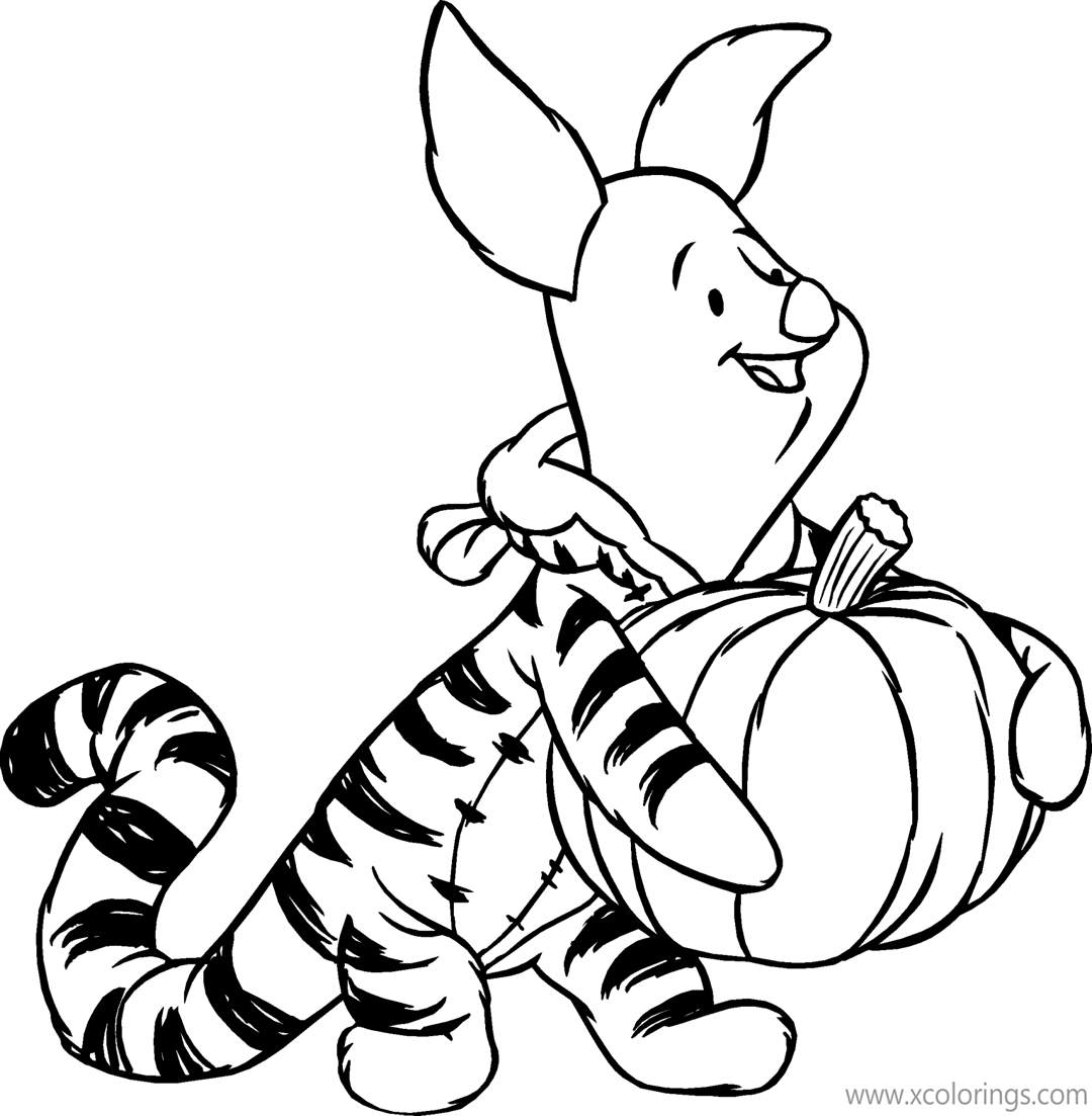 Free Winnie the Pooh Halloween Coloring Pages Piglet with a Pumpkin printable