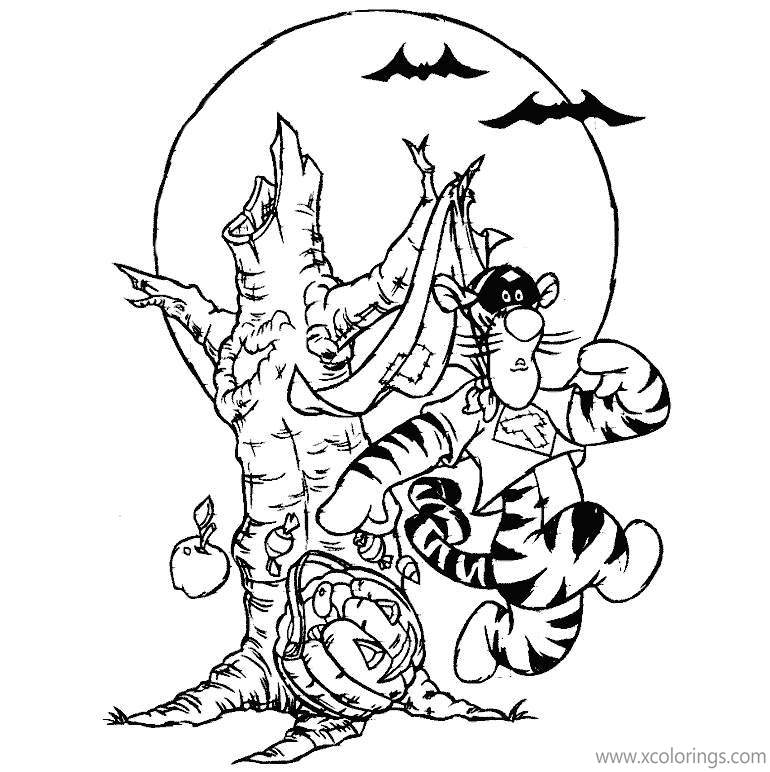 Free Winnie the Pooh Halloween Coloring Pages Tigger with Moon and Bats printable