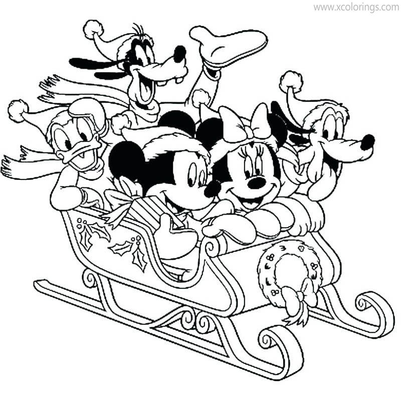 Free All Mickey Mouse Characters On Christmas Sleigh Coloring Pages printable