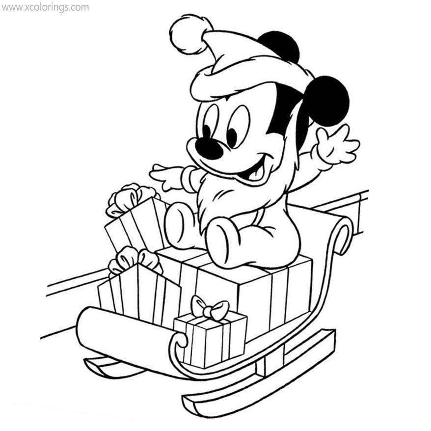 Free Baby Mickey Mouse Christmas Coloring Pages Presents on Sleigh printable