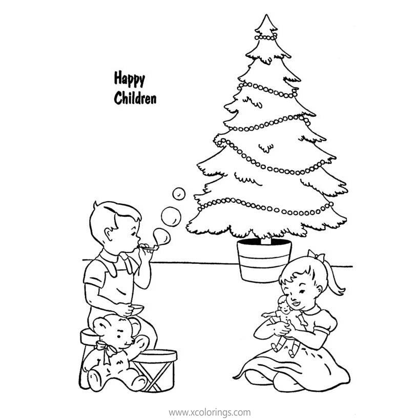 Free Boy and Girl Play in front of Christmas Tree Coloring Pages printable