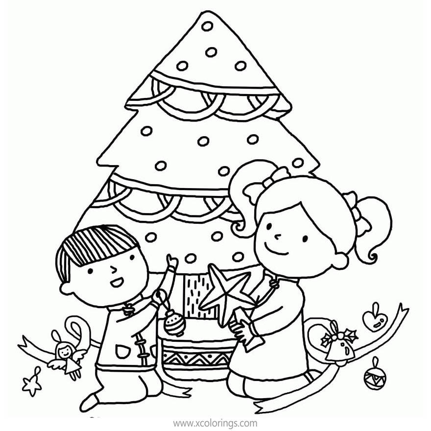 Free Boy and Grill Decorating Christmas Tree Coloring Pages printable