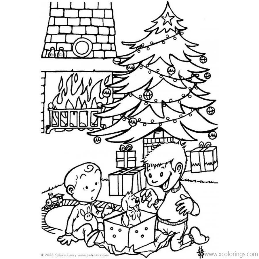 Free Boys and Christmas Tree Coloring Pages printable