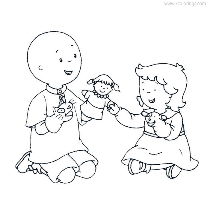 Free Caillou Coloring Pages Playing Doll with Rosie printable