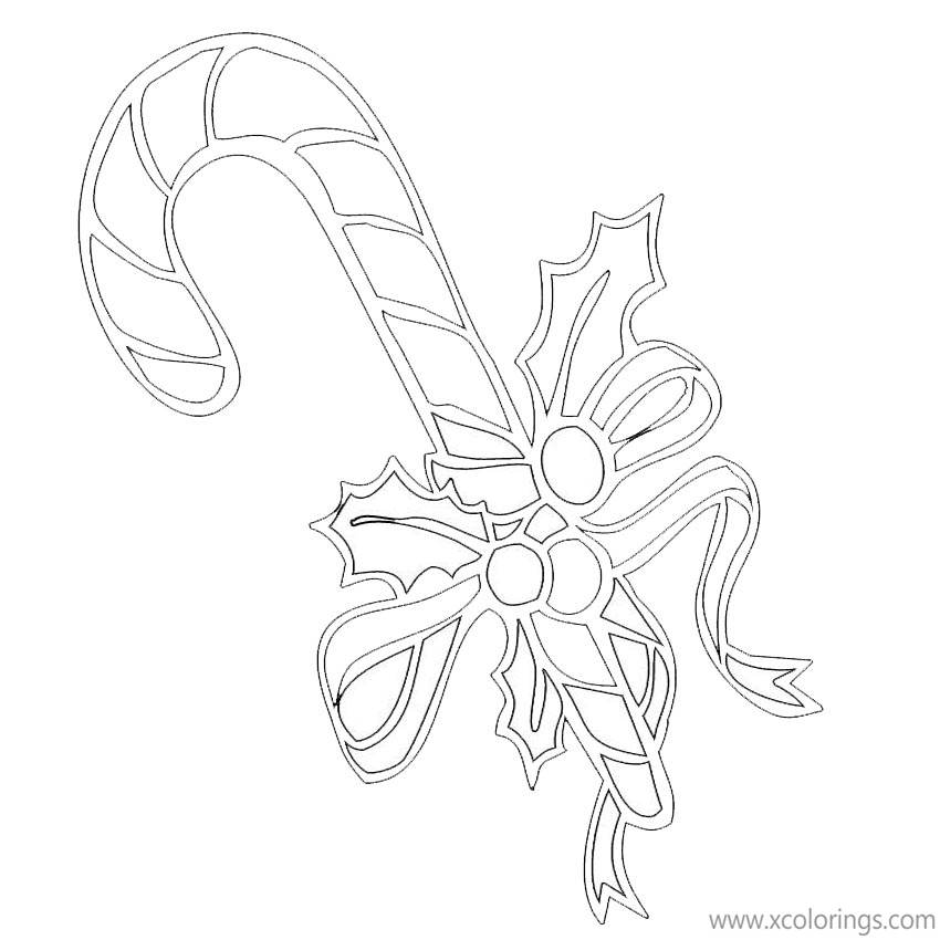 Free Candy Cane Coloring Pages with Holly Leaves and Fruit printable