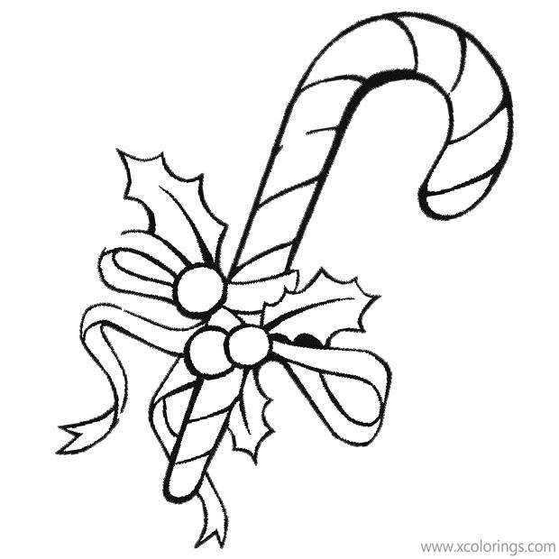 Free Candy Cane Coloring Pages with Holly Leaves printable