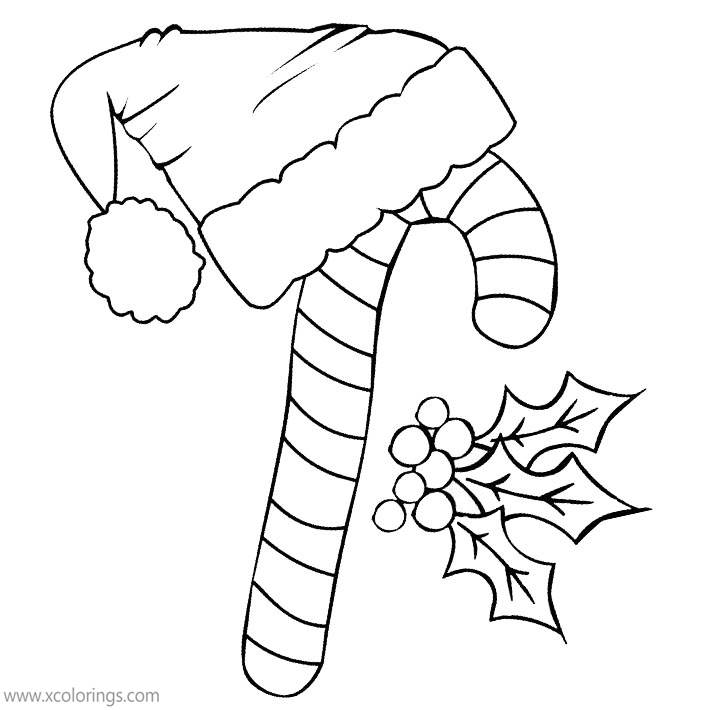 Free Candy Cane Coloring Pages with Santa Hat printable