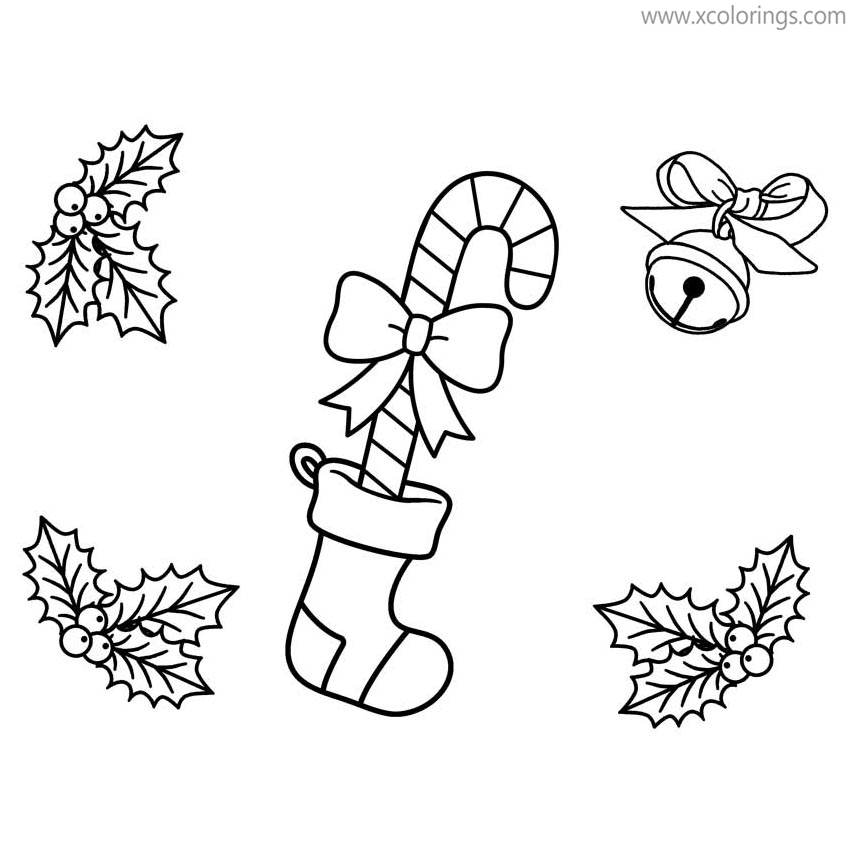 Free Candy Cane Coloring Pages with Sock Holly and Bell printable