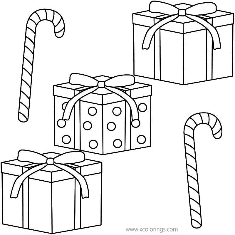 Free Candy Cane and Gift Boxes Coloring Pages printable