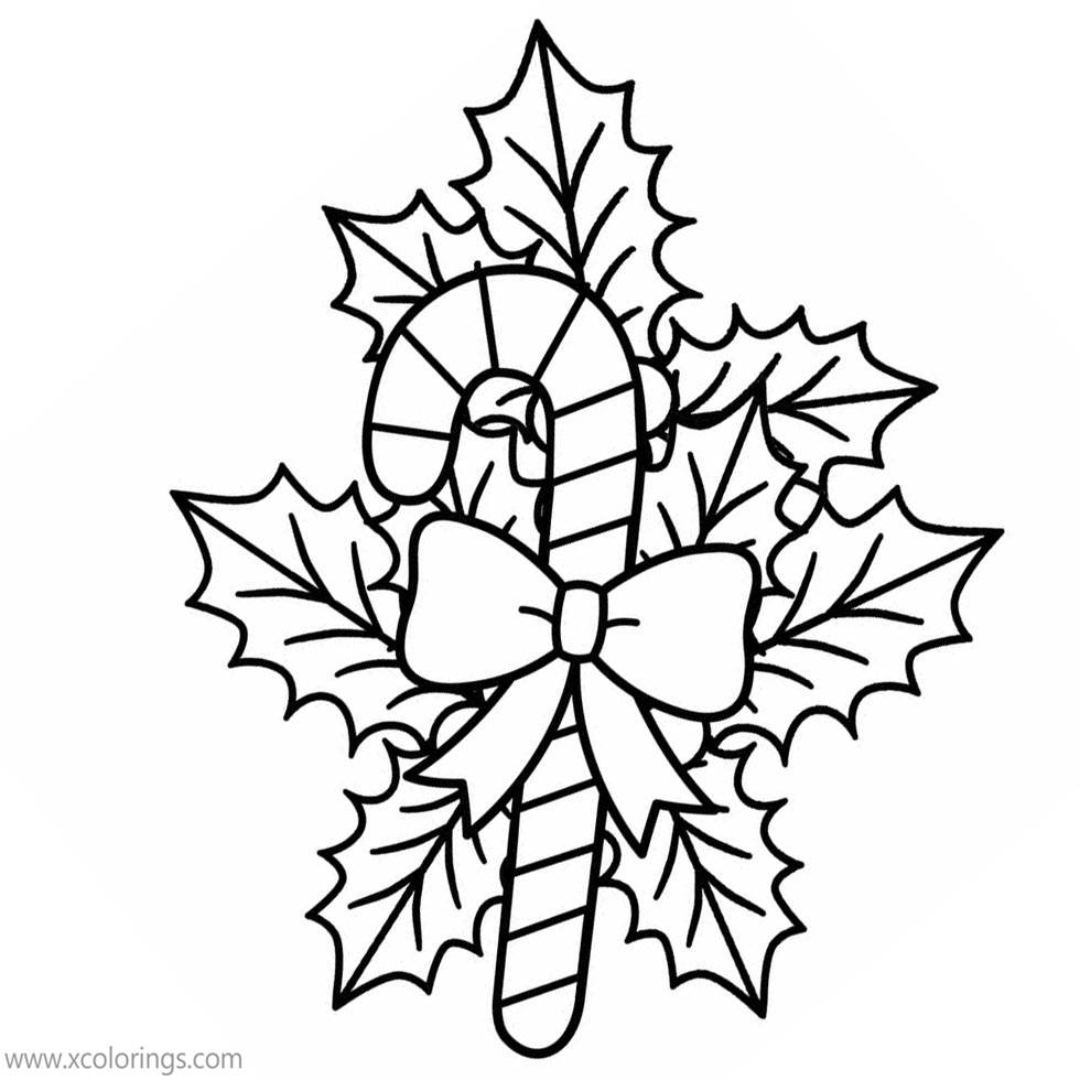 Free Candy Cane on the Holly Coloring Pages printable