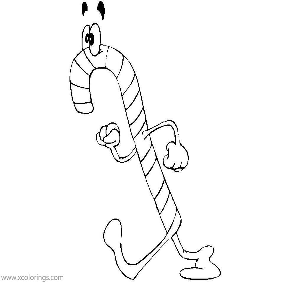 Free Cartoon Candy Cane is Walking Coloring Pages printable