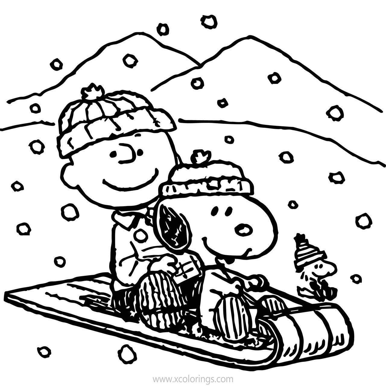 Free Charlie Brown Christmas Coloring Pages Sledding with Snoopy printable