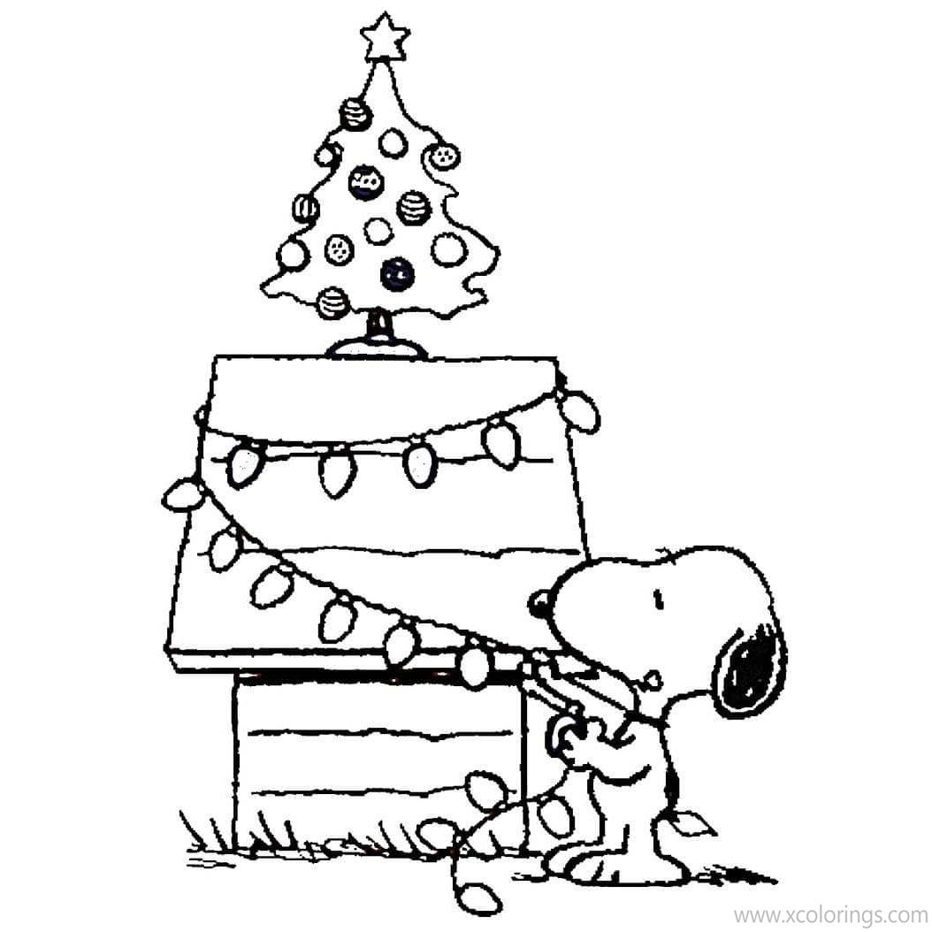 Free Charlie Brown Christmas Coloring Pages Snoopy Decorating His House with Lights printable