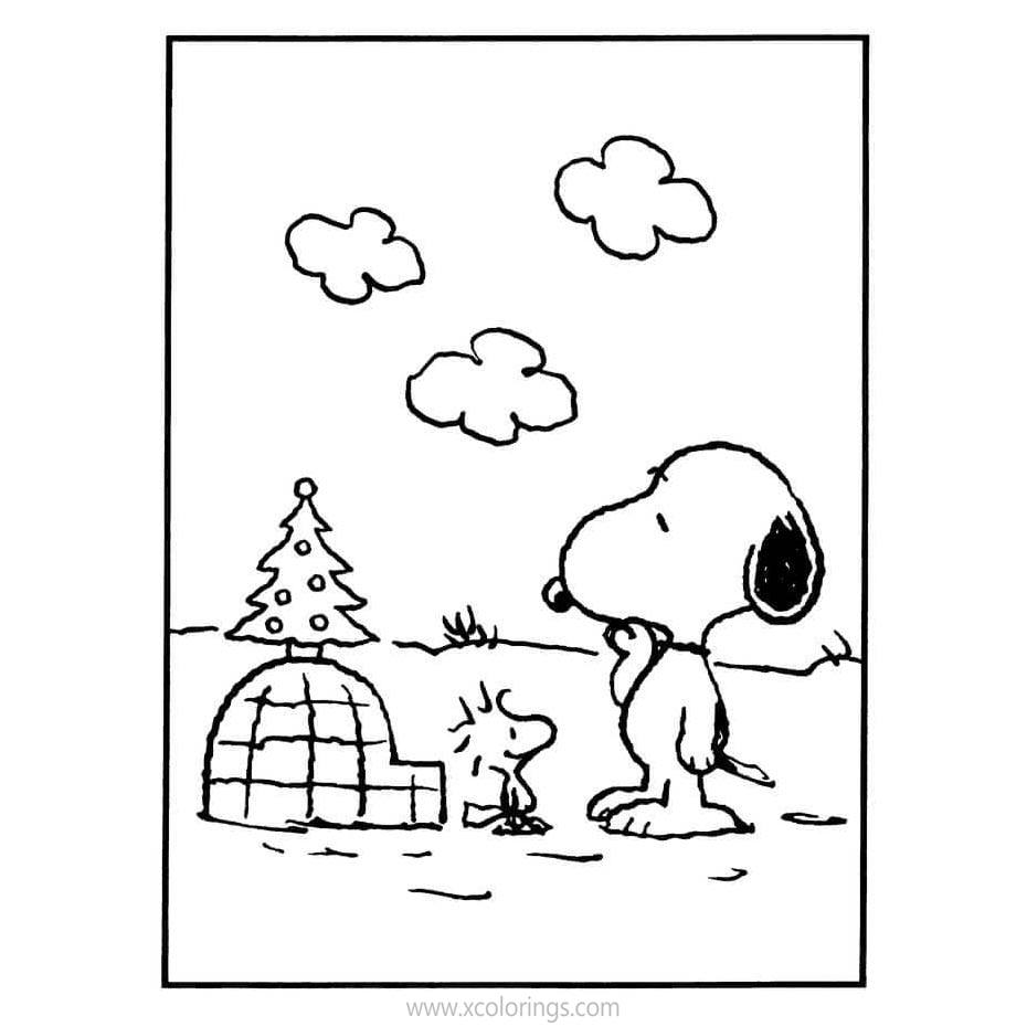 Free Charlie Brown Christmas Coloring Pages Woodstock igloo with Christmas Tree printable