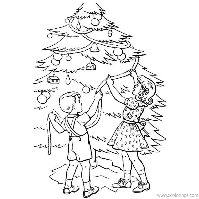 Free Children Decorating Christmas Tree Coloring Pages printable