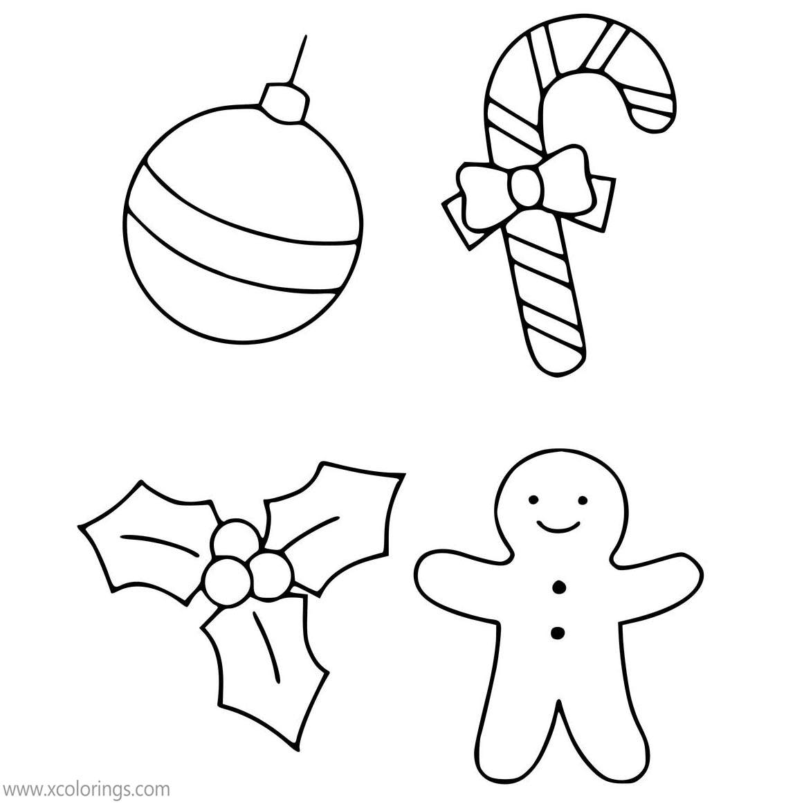 Free Christmas Ornament Coloring Pages Holly Gingerbread Man Candy Cane printable