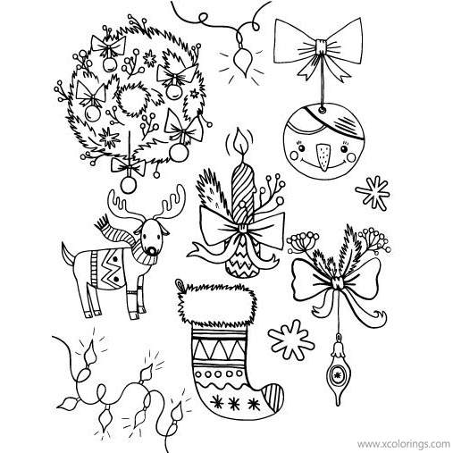 Free Christmas Ornament Coloring Pages with Christmas Wreath Stocking Reindeer and Lights printable
