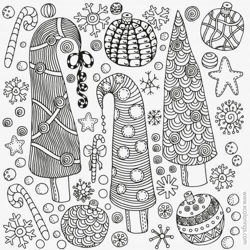 Free Christmas Ornaments Coloring Pages with Christmas Trees and Candy Canes printable
