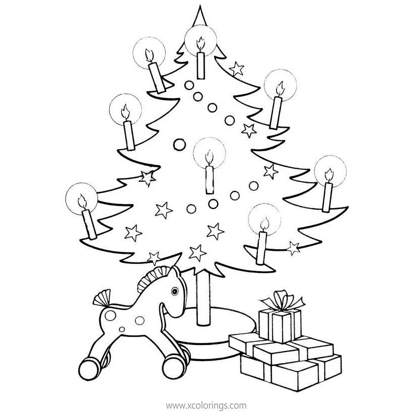 Free Christmas Tree Coloring Pages with Candles and Christmas Presents printable