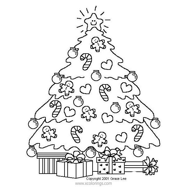 Free Christmas Tree Coloring Pages with Candy Canes Gingerbread Man and Hearts printable