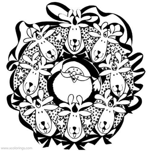 Free Christmas Wreath Coloring Pages Reindeers and Santa Claus printable
