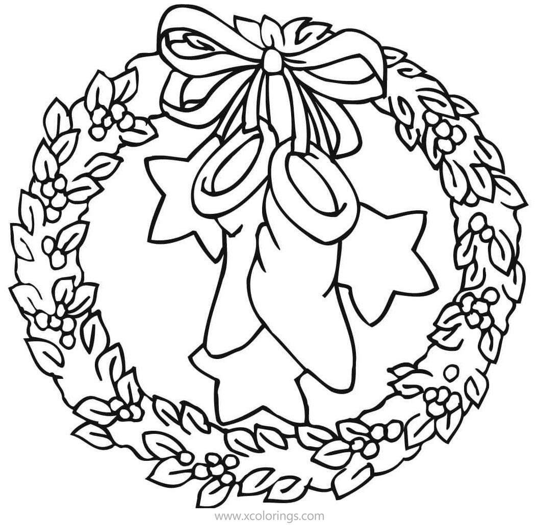 Free Christmas Wreath Coloring Pages with Bow and Stockings printable