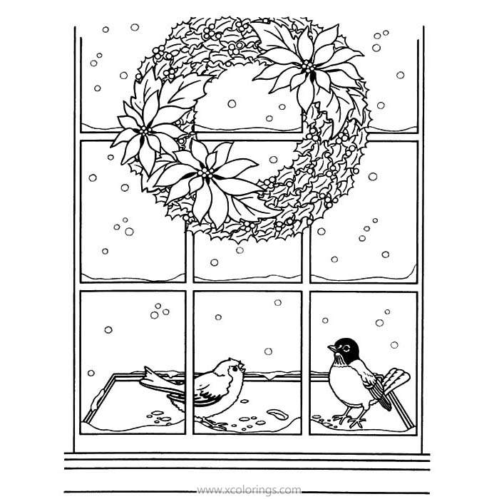 Free Christmas Wreath On the Windows Coloring Pages printable