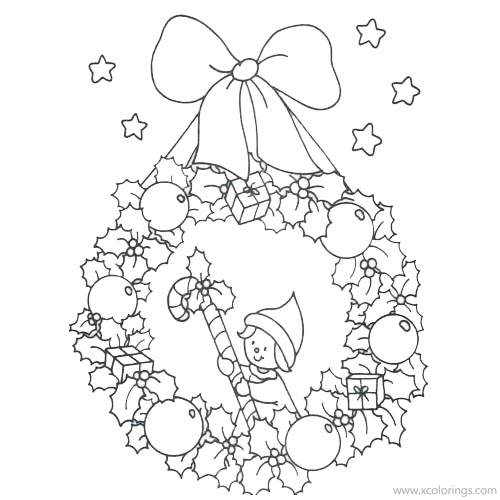 Free Christmas Wreath with Doll and Ornament Coloring Pages printable