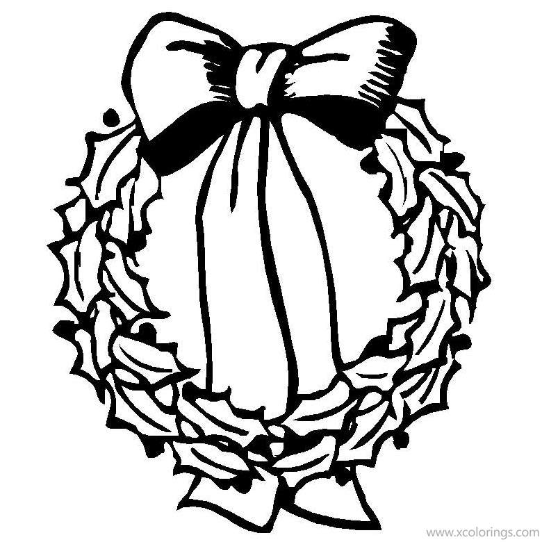 Free Christmas Wreath with Holly and Ribbon Coloring Pages printable