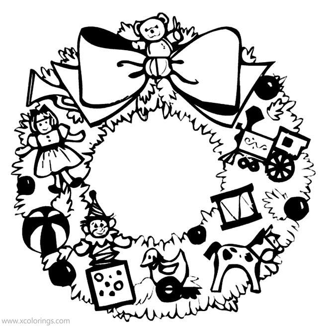 Free Christmas Wreath with Toys Coloring Pages printable