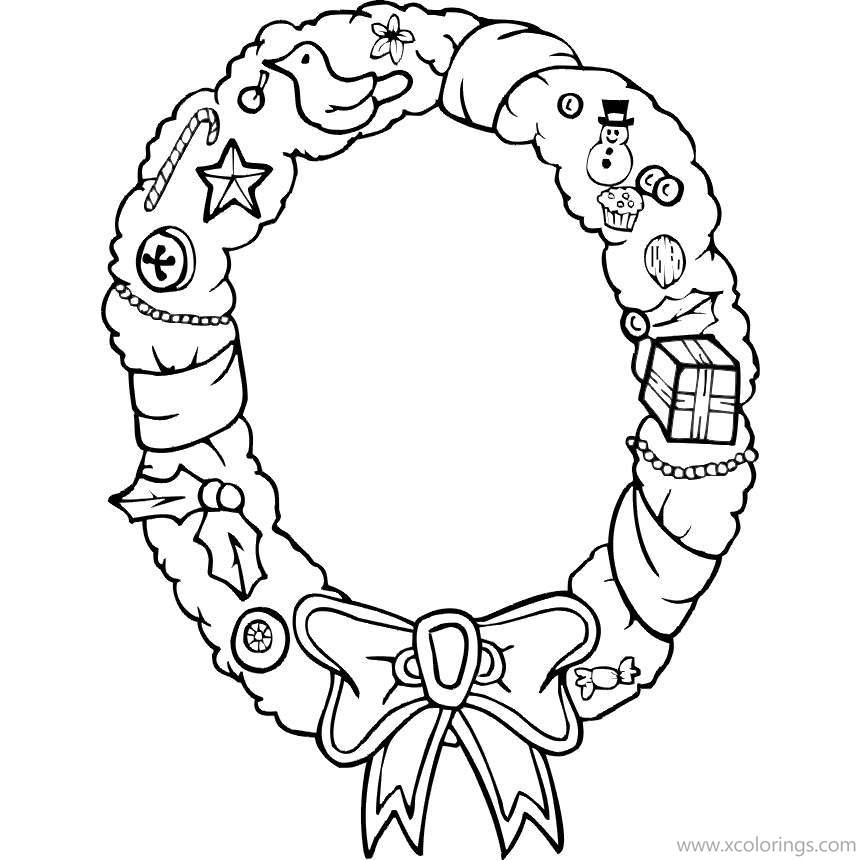 Free Christmas Wreath with Toys and Candies Coloring Pages printable