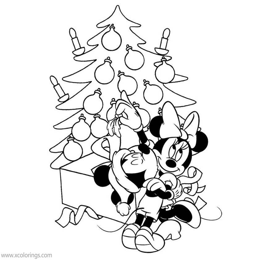 Free Disney Mickey Minnie with Christmas Tree Coloring Pages printable