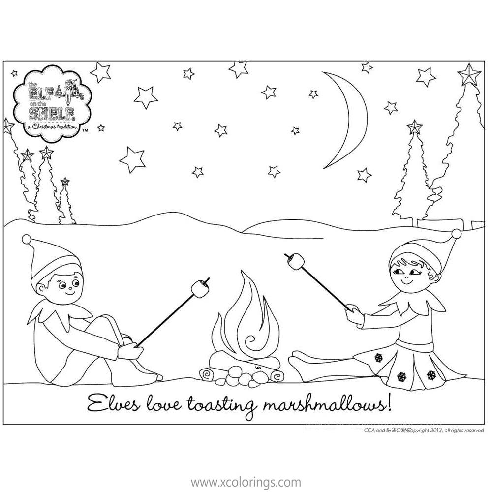 Free Elf On The Shelf Coloring Pages Snowflake and Wordsworth is Toasting Marshmallows printable