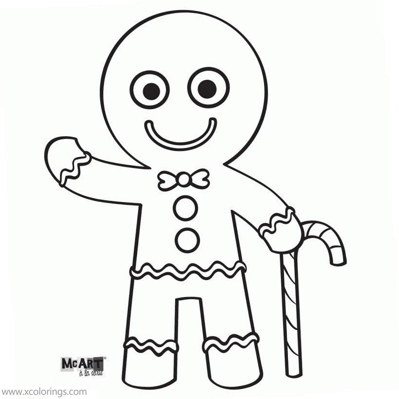 Free Gingerbread Man with Candy Cane Coloring Pages printable