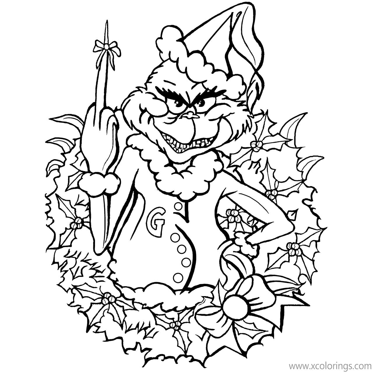 Free Grinch Coloring Pages with Christmas Wreath printable