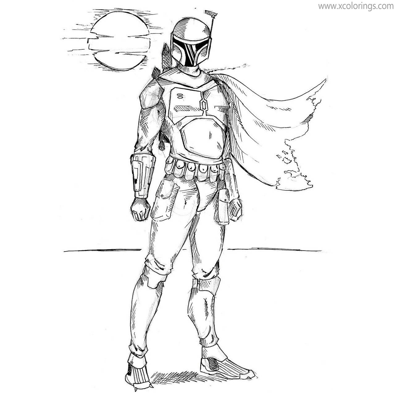 Free Mandalorian Boba Fett Coloring Pages with Moon printable