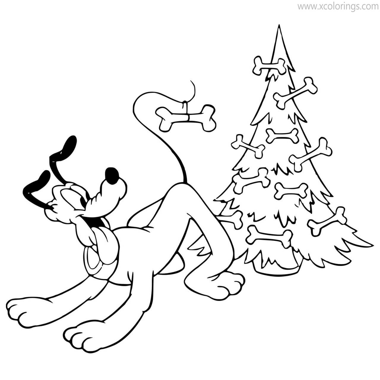 Free Mickey Mouse Christmas Coloring Pages Pluto Christmas Tree With Bones printable